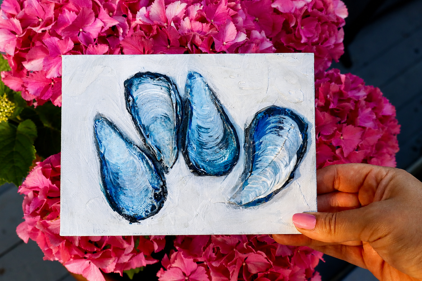 Original Blue Oyster Shell Artwork | 3D Coastal Mixed Media Art
