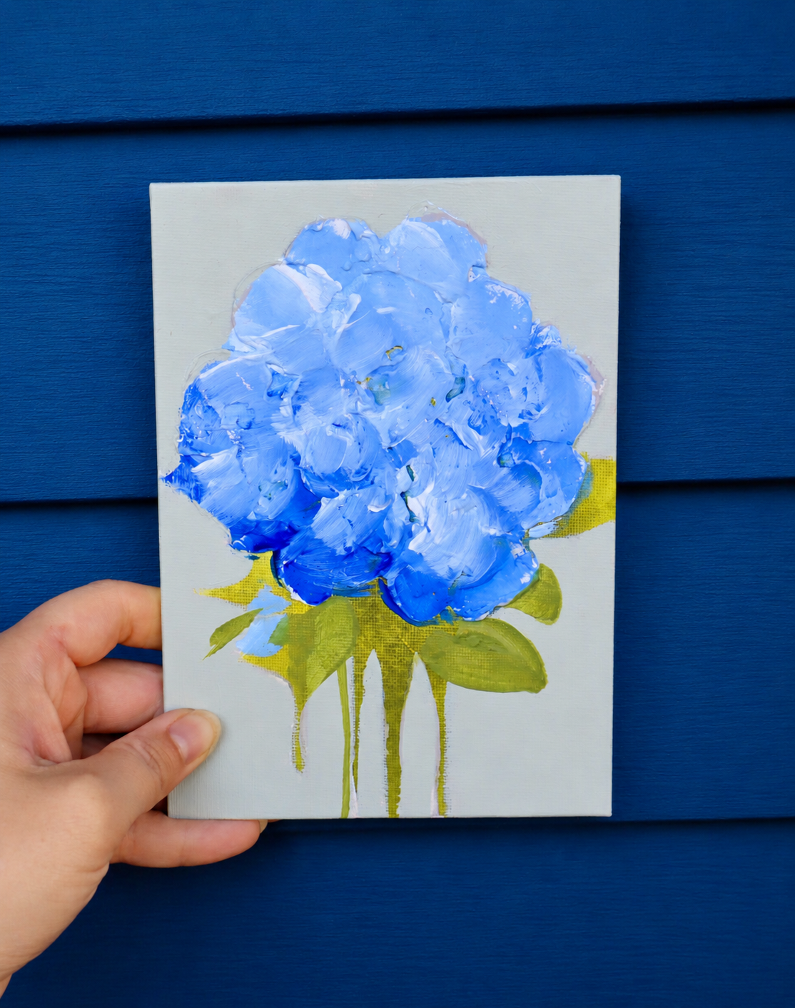 Blue Hydrangea Mixed Media Painting | 5x7 Original Coastal Art