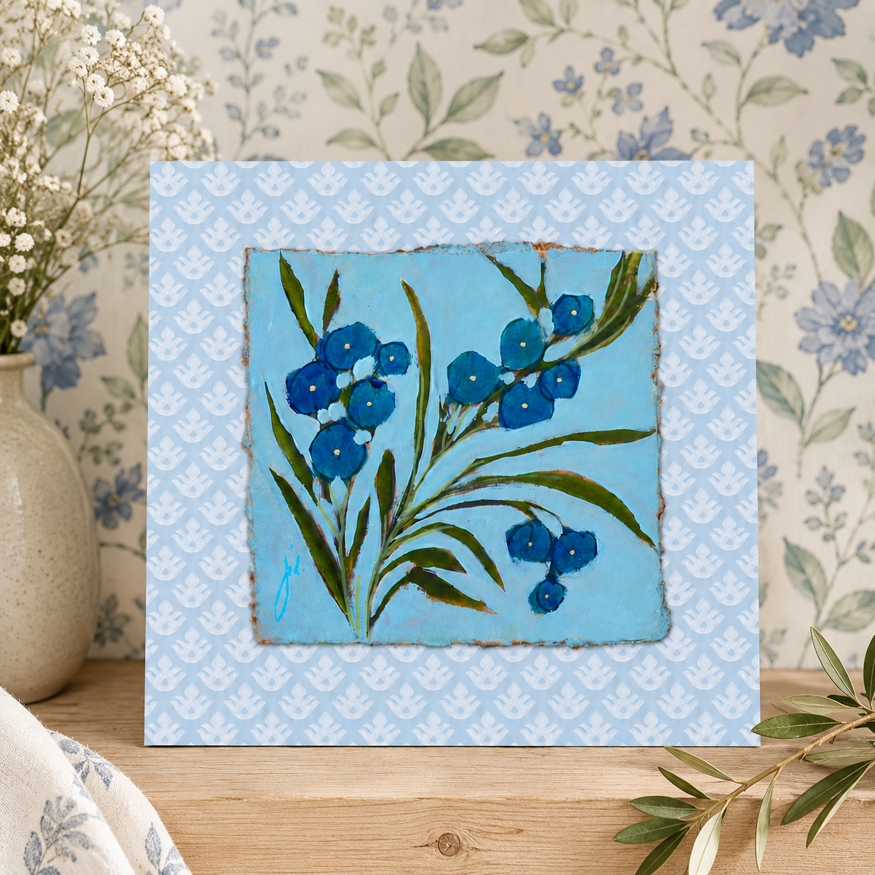 Coastal Blue Botanicals | Original Mixed Media Floral Artwork