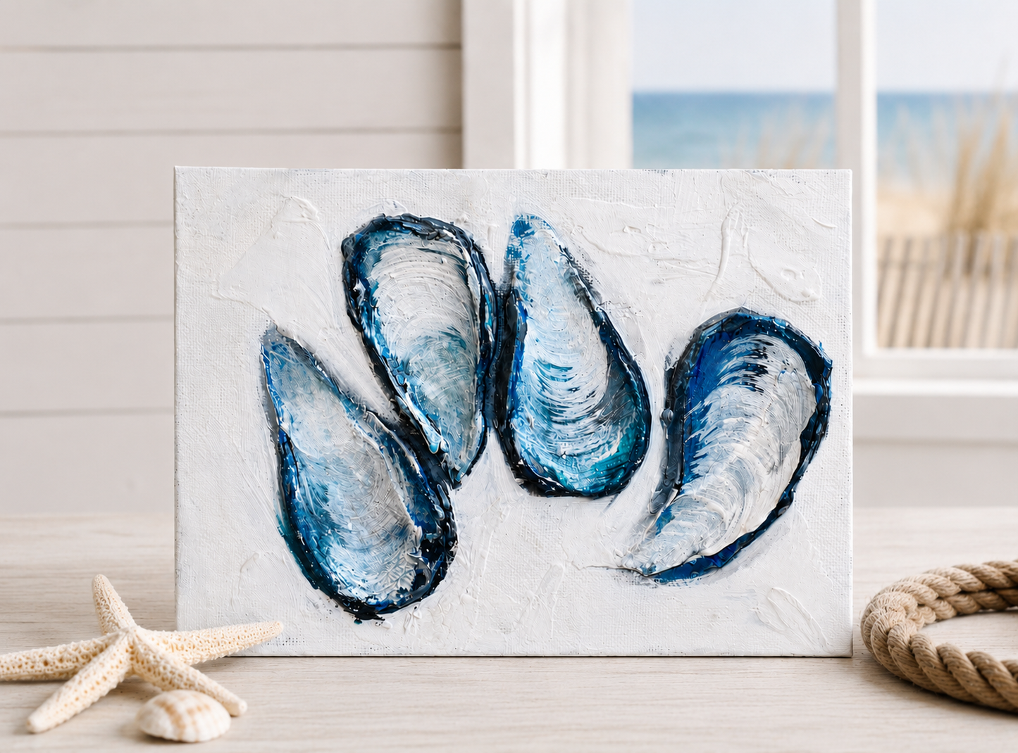 Original Blue Oyster Shell Artwork | 3D Coastal Mixed Media Art