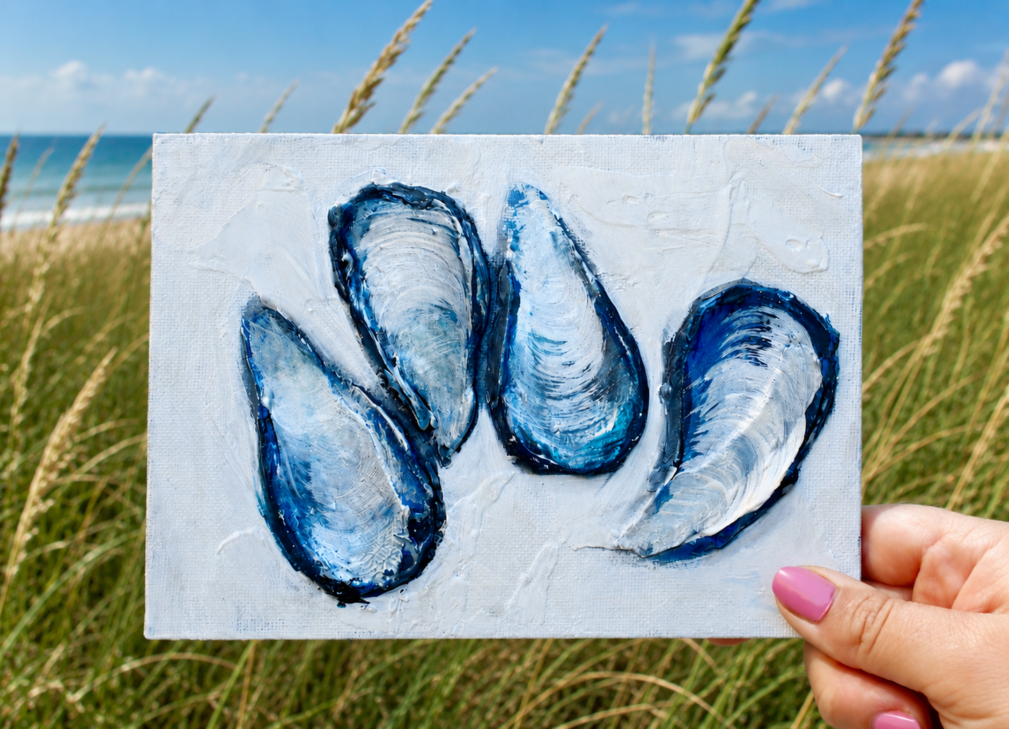 Original Blue Oyster Shell Artwork | 3D Coastal Mixed Media Art