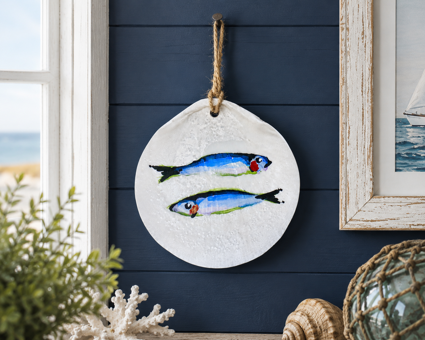Hand Painted Cape Cod Scallop Shell Ornament | Coastal Art