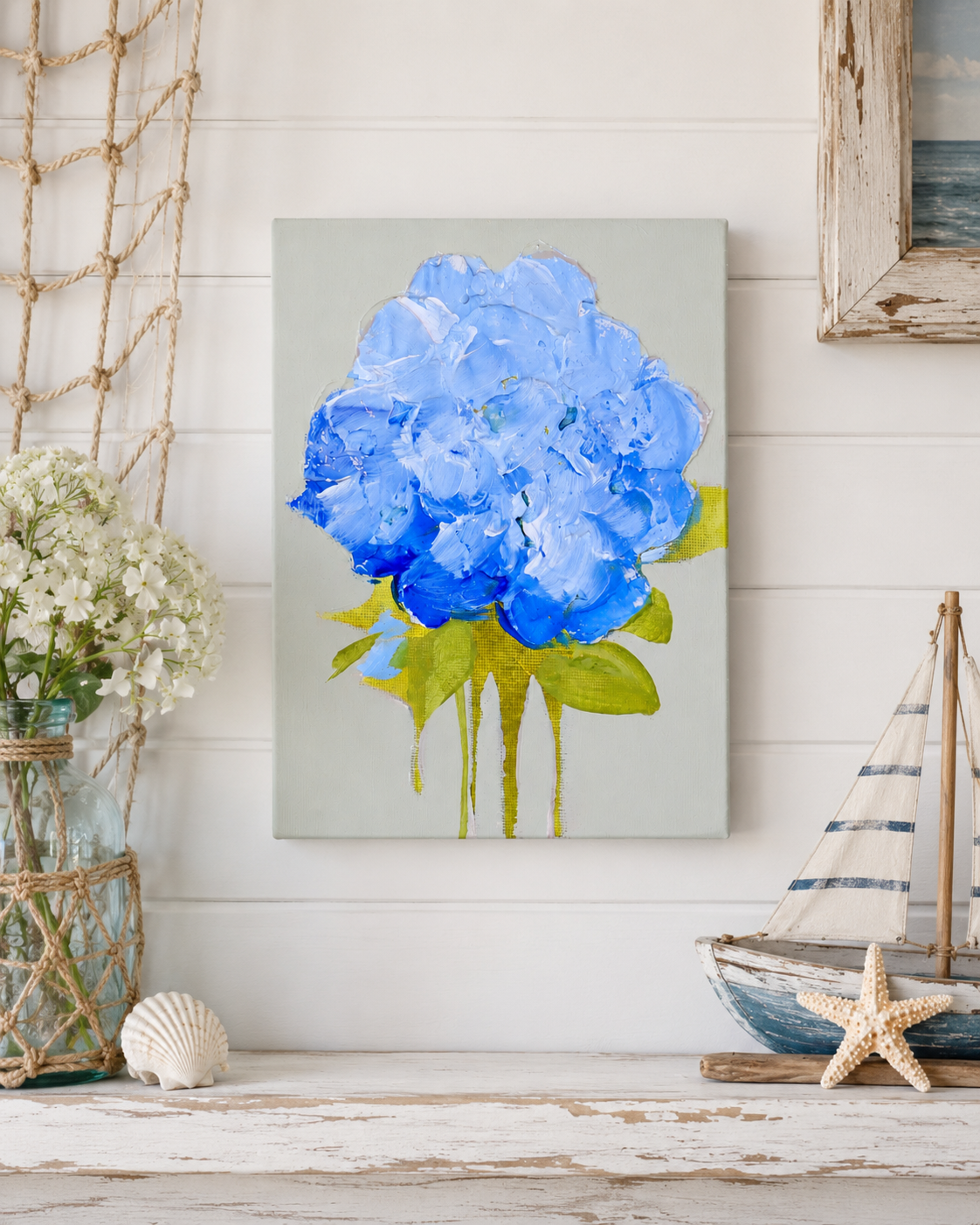 Blue Hydrangea Mixed Media Painting | 5x7 Original Coastal Art